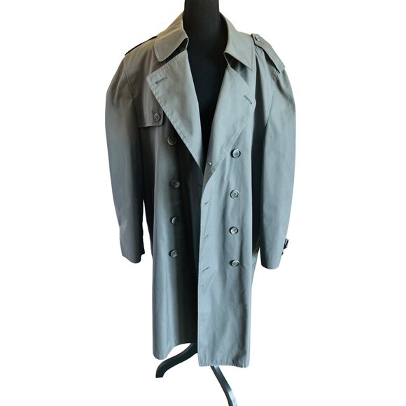 VTG London Fog Mens Trench Coat 46 Reg Olive Grey Double Breasted Jacket Classic
